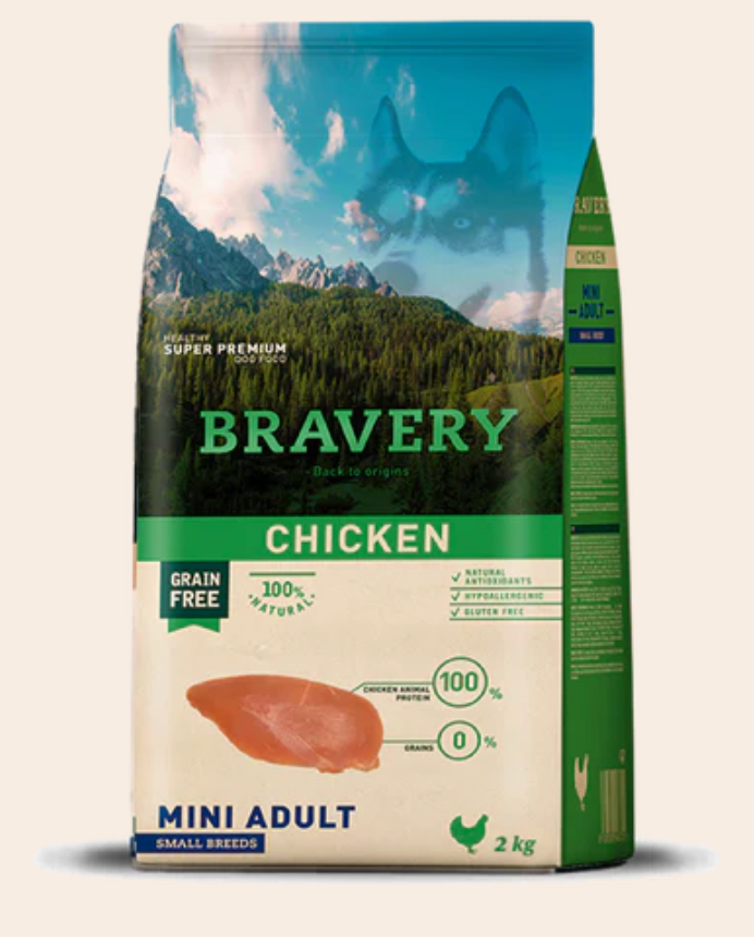 Nourriture Hypoallergénique Sans Grains Bravery au Poulet - Chiens Adultes Petites Races (Livraison Incluse)