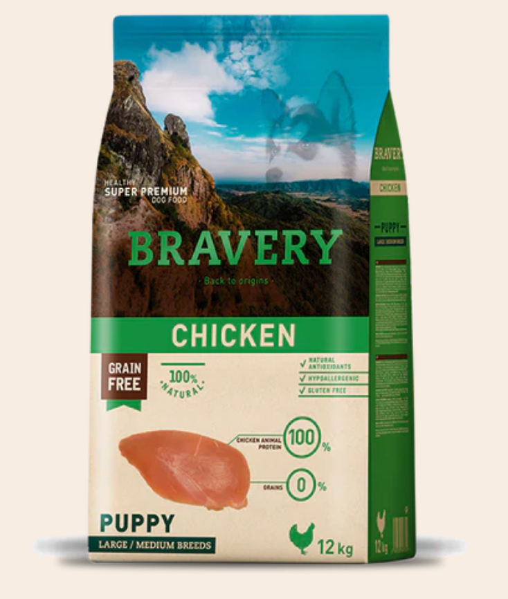 Nourriture Hypoallergénique Sans Grains Bravery au Poulet - Chiots Moyennes et Grandes Races (Livraison Incluse)