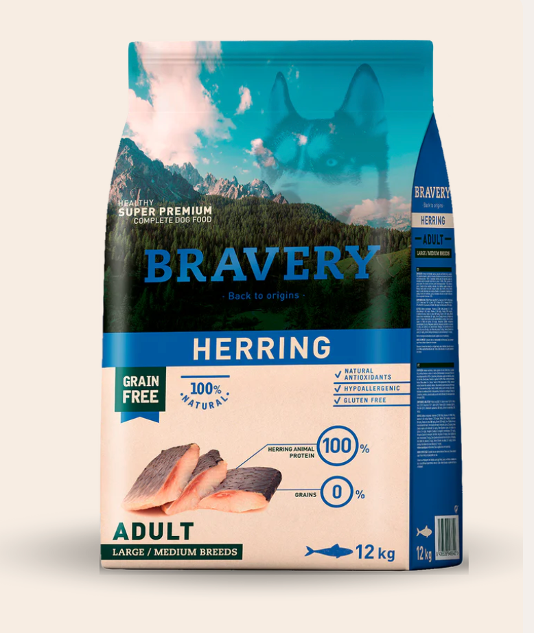 Nourriture Hypoallergénique Sans Grains Bravery au Poisson Hareng - Chiens Adultes Moyennes et Grandes Races (Livraison Incluse)