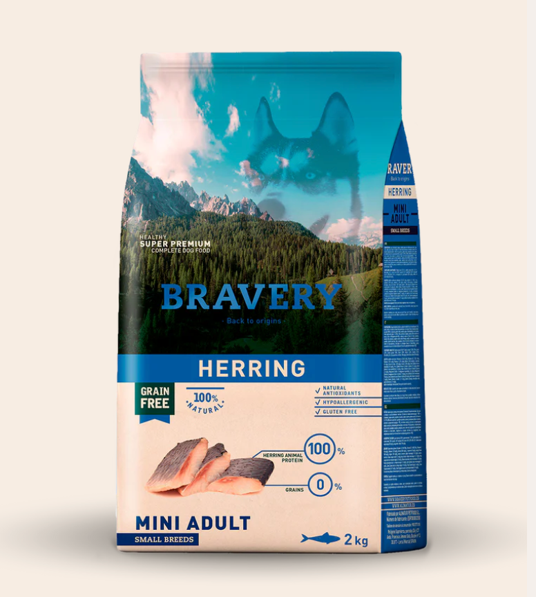 Nourriture Hypoallergénique Sans Grains Bravery au Poisson Hareng - Chiens Adultes Petites Races (Livraison Incluse)