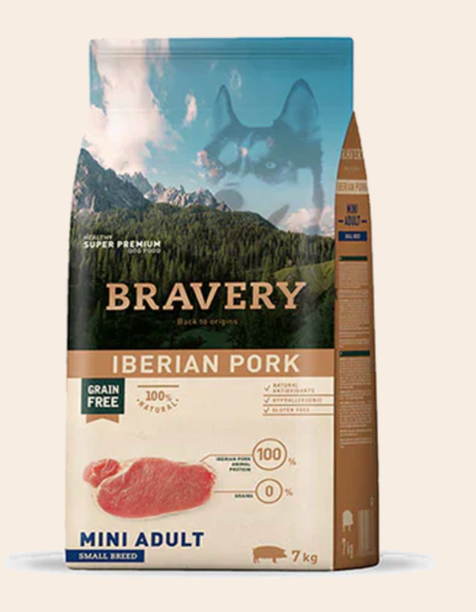 Nourriture Hypoallergénique Sans Grains Bravery au Porc Ibérique - Chiens Adultes Petites Races (Livraison Incluse)