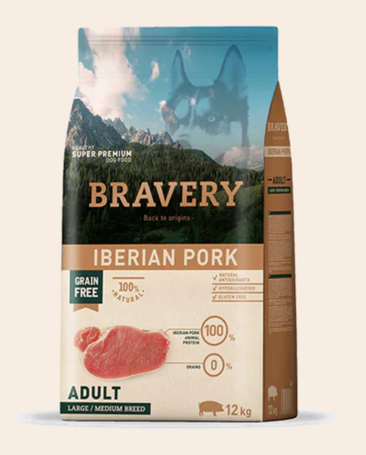 Nourriture Hypoallergénique Sans Grains Bravery au Porc Ibérique - Chiens Adultes Moyennes et Grandes Races (Livraison Incluse)