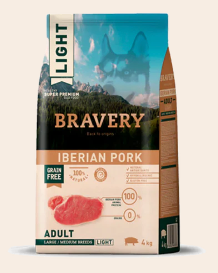 Nourriture Hypoallergénique Sans Grains Bravery au Porc Ibérique Légère - Chiens Adultes Moyennes et Grandes Races (Livraison Incluse)