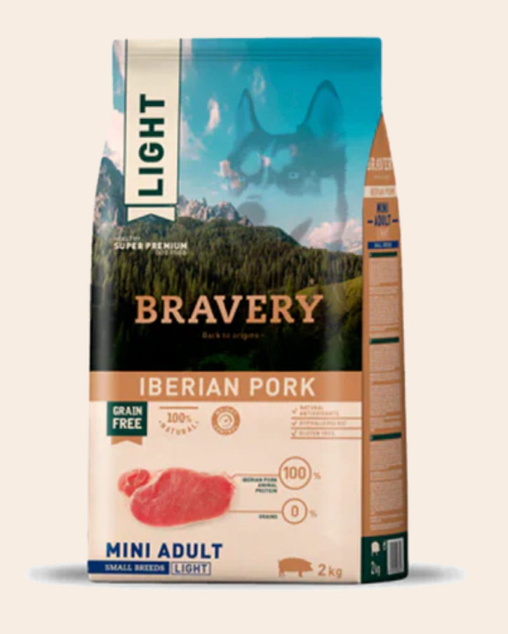 Nourriture Hypoallergénique Sans Grains Bravery au Porc Ibérique Légère - Chiens Adultes Petites Races (Livraison Incluse)