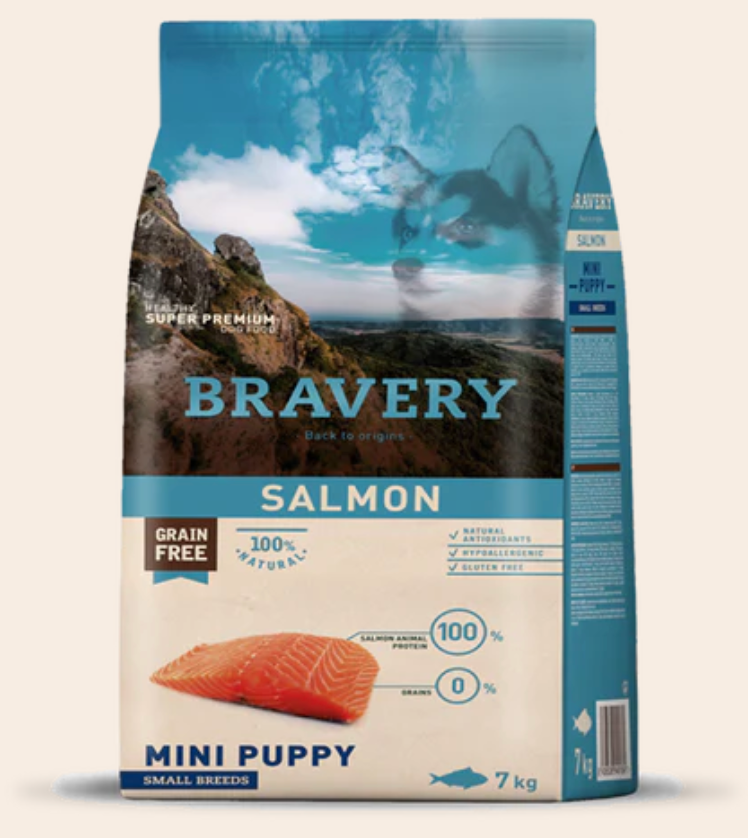 Nourriture Hypoallergénique Sans Grains Bravery au Saumon - Chiens Adultes Petites Races (livraison incluse)