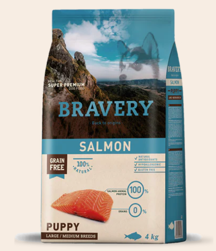 Nourriture Hypoallergénique Sans Grains Bravery au Saumon - Chiots Moyennes et Grandes Races (Livraison Incluse)